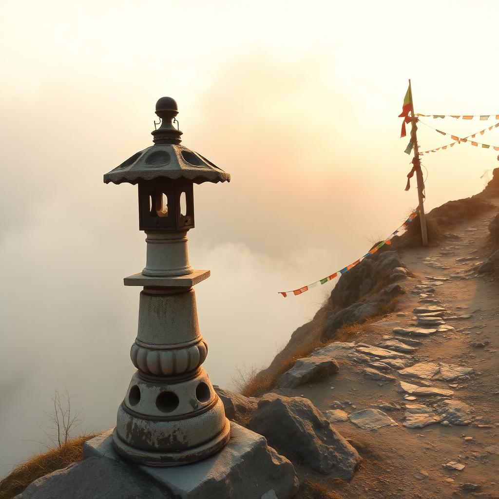 A weathered stone lantern beside a misty Himalayan trail at dawn, a quiet marker of guidance