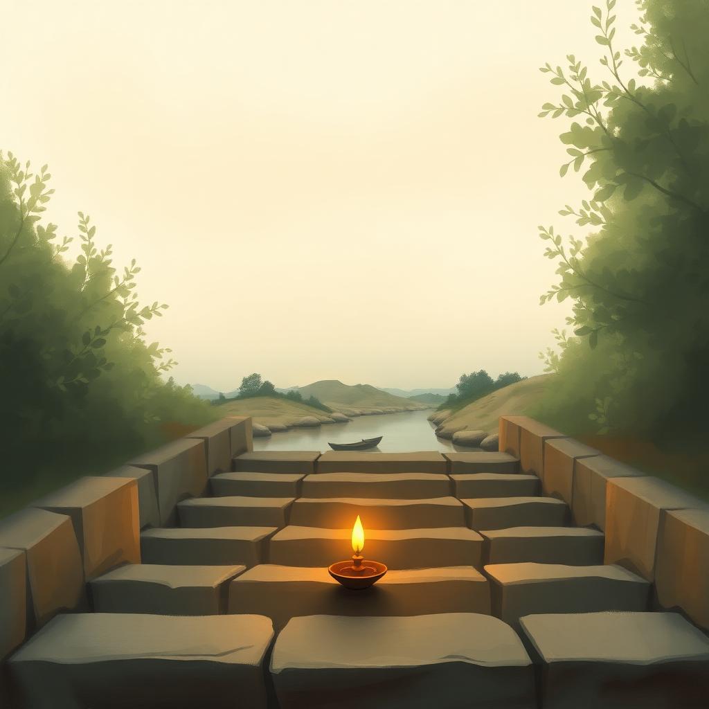 A single lit oil lamp on stone steps leading down to a still river at dawn