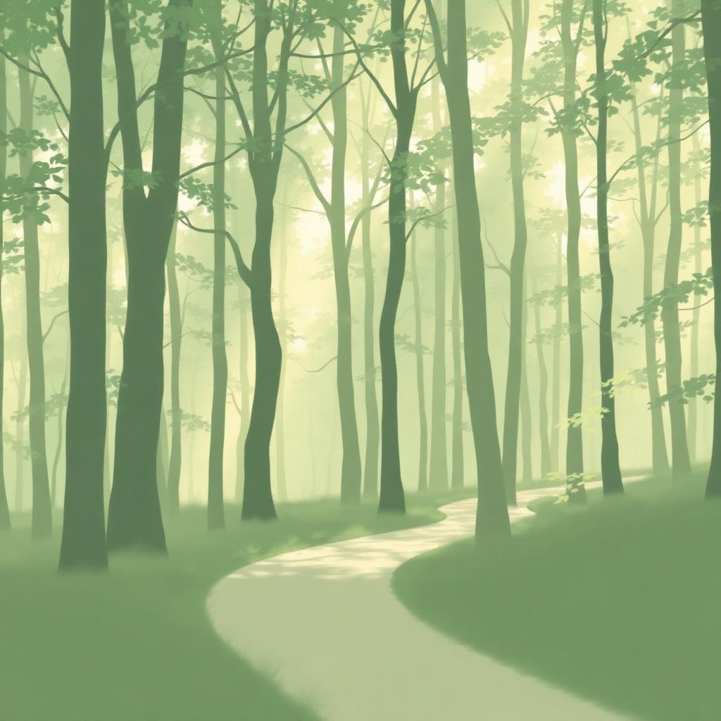 A soft forest path winding through tall trees, dappled in sage-green light